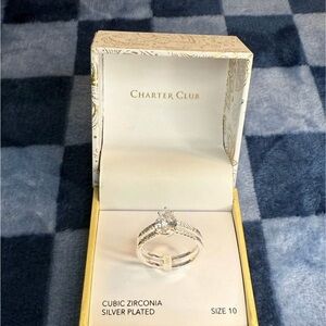 Charter Club Cubic Zirconia Ring Set – Silver Plated, Size 10